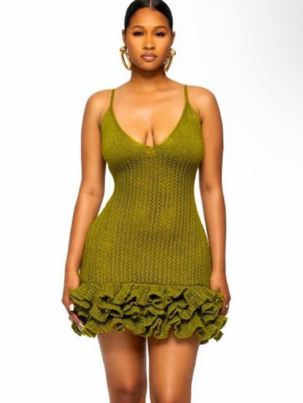 Hanifa Olive Green Knit Ruffle Swim Cover-Up Dress